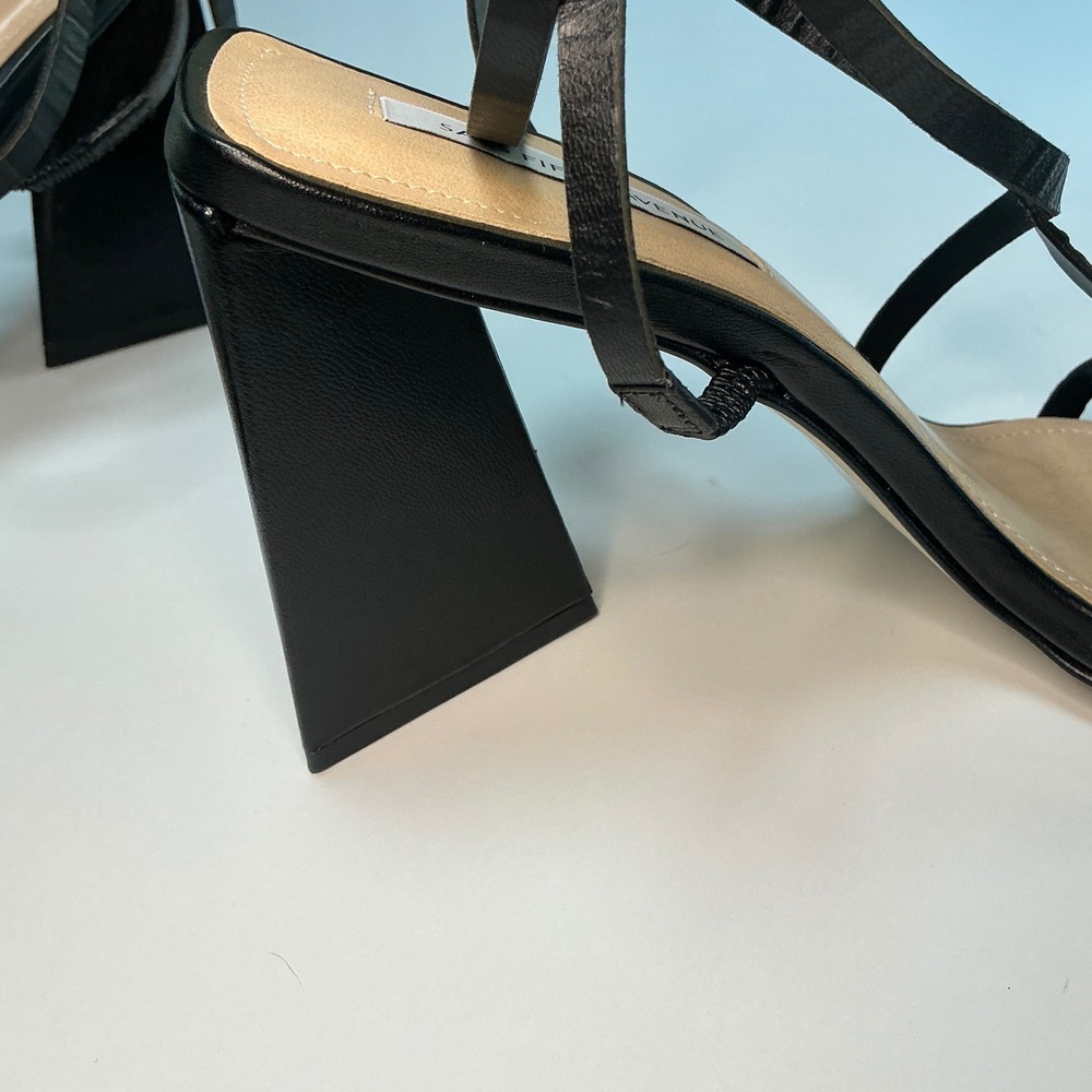 Saks Fifth Avenue Black Leather Strappy Square Toe Triangular Block Heel Sandals - Picture 10 of 12